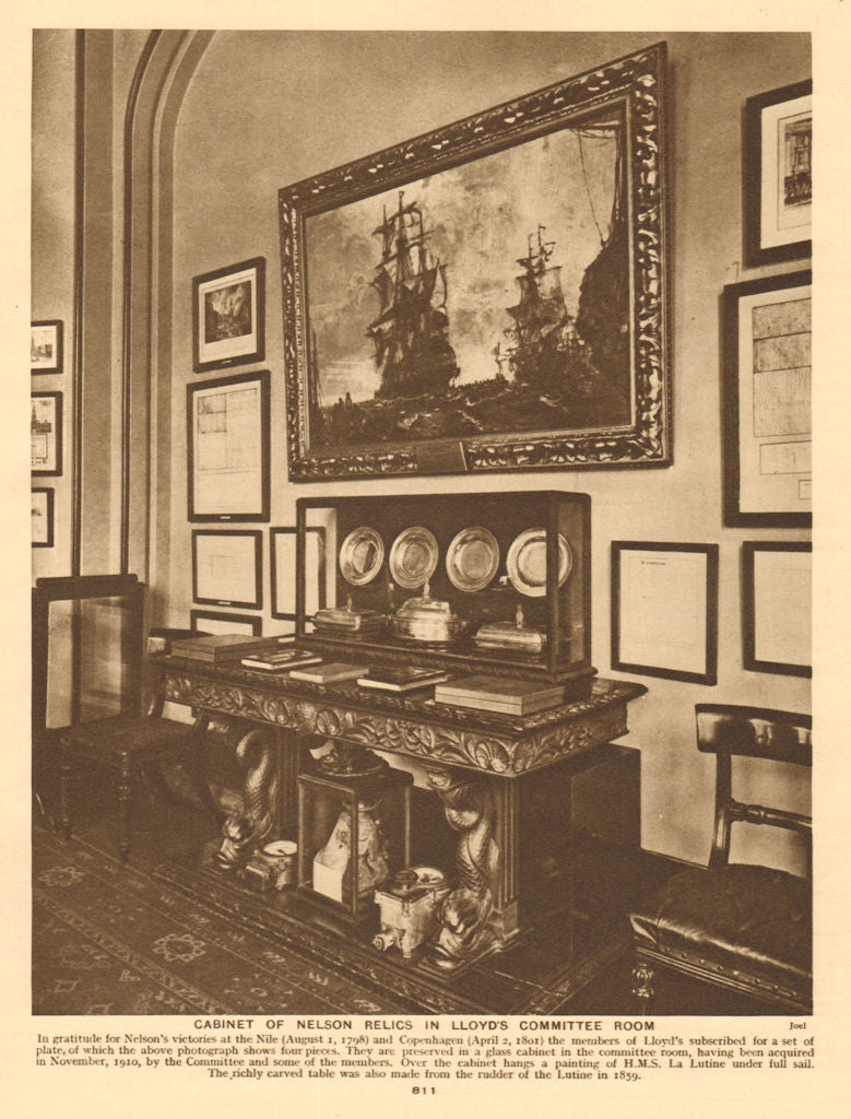Cabinet of Nelson relics in Lloyd's Committee room 1926 old vintage print